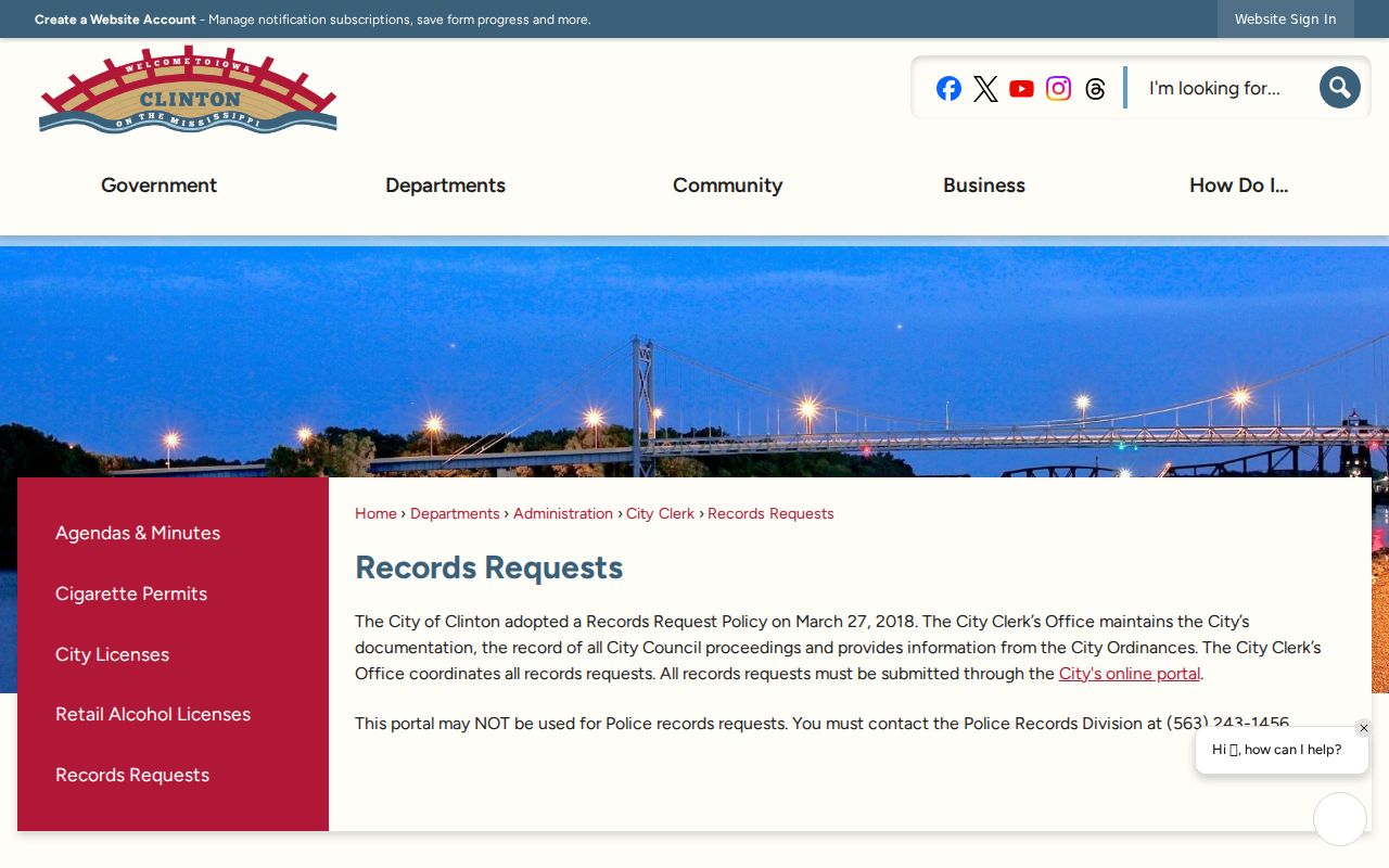 Clinton criminal records warning on the city records portal